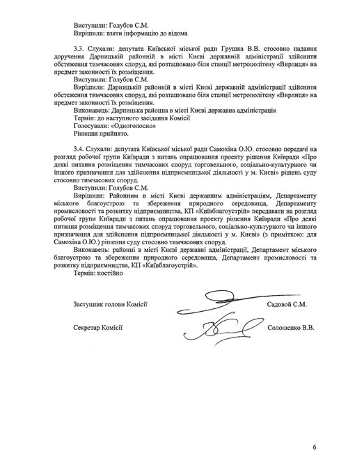 Протоколи засідань Комісії з питань впорядкування, розміщення та демонтажу тимчасових споруд на території міста Києва (№4 від 16.07.2013 та №5 від 23.07.2013)
