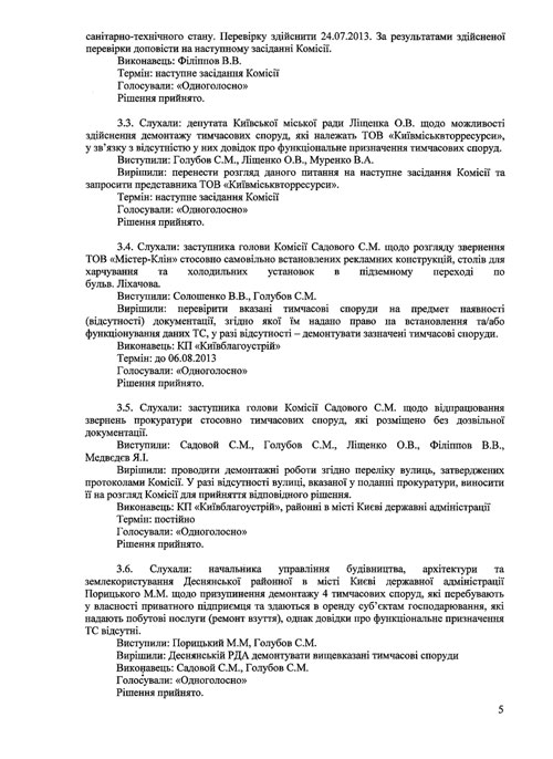 Протоколи засідань Комісії з питань впорядкування, розміщення та демонтажу тимчасових споруд на території міста Києва (№4 від 16.07.2013 та №5 від 23.07.2013)