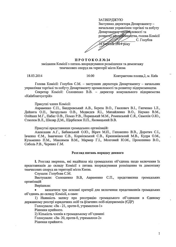 Протокол №24 від 18.03.2014 р.  засідання Комісії з питань впорядкування розміщення та демонтажу тимчасових споруд на території міста Києва