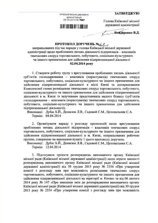 ЗАТВЕРДЖУЮ  Голова Київської міської  державної адміністрації  Бондаренко В.Д.   ПРОТОКОЛ ДОРУЧЕНЬ №_____, напрацьованих під час наради у голови Київської міської державної адміністрації щодо проблемних питань діяльності суб’єктів господарювання – власників (користувачів) тимчасових споруд торговельного, побутового, соціально-культурного чи іншого призначення для здійснення  підприємницької діяльності в місті Києві 02.04.2014 року   1. Створити робочу групу з врегулювання проблемних питань діяльності суб’єктів господарювання – власників (користувачів) тимчасових споруд торговельного, побутового, соціально-культурного чи іншого призначення для здійснення підприємницької діяльності в місті Києві та доопрацювання Комплексної схеми розміщення тимчасових споруд торговельного, побутового, соціально-культурного чи іншого призначення для здійснення підприємницької діяльності в м. Києві із залученням представників малого бізнесу (суб’єктів господарювання – власників (користувачів) тимчасових споруд торговельного, побутового, соціально-культурного чи іншого призначення для здійснення підприємницької діяльності). Виконавці:	Дубас Б.Й., Денисюк Л.В., Садовой С.М., Целовальник С.А. Термін:	04.04.2014  2. Організувати нараду з розгляду пропозицій щодо врегулювання проблемних питань діяльності підприємців – власників тимчасових споруд торговельного, побутового, соціально-культурного чи іншого призначення для здійснення підприємницької діяльності в м. Києві, напрацьованих робочою групою, створеною на виконання пункту 1 цього протоколу доручень. Виконавці:	Дубас Б.Й., Денисюк Л.В., Садовой С.М., Целовальник С.А. Термін:	12.04.2014  3. Підготувати проекти розпоряджень виконавчого органу Київської міської ради (Київської міської державної адміністрації) щодо втрати чинності розпоряджень виконавчого органу Київської міської ради (Київської міської державної адміністрації) від 30 грудня 2013 року № 2354 «Про утворення комісії з розгляду заяв про можливість розміщення тимчасових споруд торговельного, побутового, соціально-культурного чи іншого призначення для здійснення підприємницької діяльності на території м. Києва» та від 06 лютого 2014 року № 147 «Про внесення змін до розпорядження виконавчого органу Київської міської ради (Київської міської державної адміністрації) від 30 грудня 2013 року № 2354 «Про утворення комісії з розгляду заяв про можливість розміщення тимчасових споруд торговельного, побутового, соціально-культурного чи іншого призначення для здійснення підприємницької діяльності на території м. Києва».  Виконавці:	Дубас Б.Й., Денисюк Л.В., Целовальник С.А. Термін:	12.04.2014  4. Підготувати проект розпорядження виконавчого органу Київської міської ради (Київської міської державної адміністрації) про призупинення дії розпорядження виконавчого органу Київської міської ради (Київської міської державної адміністрації) від 13 грудня 2013 року № 2251 «Про затвердження Комплексної схеми розміщення тимчасових споруд торговельного, побутового, соціально-культурного чи іншого призначення для здійснення підприємницької діяльності в м. Києві» до затвердження у встановленому порядку змін до Комплексної схеми розміщення тимчасових споруд торговельного, побутового, соціально-культурного чи іншого призначення для здійснення підприємницької діяльності в м. Києві. Виконавці:	Дубас Б.Й., Денисюк Л.В., Целовальник С.А. Термін:	12.04.2014  5. Управлінню (Центру) надання адміністративних послуг апарату виконавчого органу Київської міської ради (Київської міської державної адміністрації) тимчасово з 02.04.2014 року призупинити прийом заяв та документів на відповідність намірів замовника щодо місця розташування тимчасових споруд торговельного, побутового, соціально-культурного чи іншого призначення для здійснення підприємницької діяльності Комплексній схемі розміщення тимчасових споруд торговельного, побутового, соціально-культурного чи іншого призначення для здійснення підприємницької діяльності в м. Києві та на оформлення паспортів прив’язки тимчасових споруд торговельного, побутового, соціально-культурного чи іншого призначення для здійснення підприємницької діяльності. Виконавці:	Пузанов О.Г., Шамрай Н.В. Термін:	з 02.04.2014  6. Департаменту міського благоустрою та збереження природного середовища виконавчого органу Київської міської ради (Київської міської державної адміністрації) та комунальному підприємству «Київблагоустрій» тимчасово з 02.04.2014 року призупинити демонтаж розташованих на території м. Києва тимчасових споруд торговельного, побутового, соціально-культурного чи іншого призначення для здійснення підприємницької діяльності, окрім незаконно встановлених з 01.01.2013. Виконавці:	Садовой С.М., Солошенко В.В. Термін:	з 02.04.2014   	
