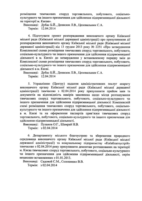 ЗАТВЕРДЖУЮ  Голова Київської міської  державної адміністрації  Бондаренко В.Д.   ПРОТОКОЛ ДОРУЧЕНЬ №_____, напрацьованих під час наради у голови Київської міської державної адміністрації щодо проблемних питань діяльності суб’єктів господарювання – власників (користувачів) тимчасових споруд торговельного, побутового, соціально-культурного чи іншого призначення для здійснення  підприємницької діяльності в місті Києві 02.04.2014 року   1. Створити робочу групу з врегулювання проблемних питань діяльності суб’єктів господарювання – власників (користувачів) тимчасових споруд торговельного, побутового, соціально-культурного чи іншого призначення для здійснення підприємницької діяльності в місті Києві та доопрацювання Комплексної схеми розміщення тимчасових споруд торговельного, побутового, соціально-культурного чи іншого призначення для здійснення підприємницької діяльності в м. Києві із залученням представників малого бізнесу (суб’єктів господарювання – власників (користувачів) тимчасових споруд торговельного, побутового, соціально-культурного чи іншого призначення для здійснення підприємницької діяльності). Виконавці:	Дубас Б.Й., Денисюк Л.В., Садовой С.М., Целовальник С.А. Термін:	04.04.2014  2. Організувати нараду з розгляду пропозицій щодо врегулювання проблемних питань діяльності підприємців – власників тимчасових споруд торговельного, побутового, соціально-культурного чи іншого призначення для здійснення підприємницької діяльності в м. Києві, напрацьованих робочою групою, створеною на виконання пункту 1 цього протоколу доручень. Виконавці:	Дубас Б.Й., Денисюк Л.В., Садовой С.М., Целовальник С.А. Термін:	12.04.2014  3. Підготувати проекти розпоряджень виконавчого органу Київської міської ради (Київської міської державної адміністрації) щодо втрати чинності розпоряджень виконавчого органу Київської міської ради (Київської міської державної адміністрації) від 30 грудня 2013 року № 2354 «Про утворення комісії з розгляду заяв про можливість розміщення тимчасових споруд торговельного, побутового, соціально-культурного чи іншого призначення для здійснення підприємницької діяльності на території м. Києва» та від 06 лютого 2014 року № 147 «Про внесення змін до розпорядження виконавчого органу Київської міської ради (Київської міської державної адміністрації) від 30 грудня 2013 року № 2354 «Про утворення комісії з розгляду заяв про можливість розміщення тимчасових споруд торговельного, побутового, соціально-культурного чи іншого призначення для здійснення підприємницької діяльності на території м. Києва».  Виконавці:	Дубас Б.Й., Денисюк Л.В., Целовальник С.А. Термін:	12.04.2014  4. Підготувати проект розпорядження виконавчого органу Київської міської ради (Київської міської державної адміністрації) про призупинення дії розпорядження виконавчого органу Київської міської ради (Київської міської державної адміністрації) від 13 грудня 2013 року № 2251 «Про затвердження Комплексної схеми розміщення тимчасових споруд торговельного, побутового, соціально-культурного чи іншого призначення для здійснення підприємницької діяльності в м. Києві» до затвердження у встановленому порядку змін до Комплексної схеми розміщення тимчасових споруд торговельного, побутового, соціально-культурного чи іншого призначення для здійснення підприємницької діяльності в м. Києві. Виконавці:	Дубас Б.Й., Денисюк Л.В., Целовальник С.А. Термін:	12.04.2014  5. Управлінню (Центру) надання адміністративних послуг апарату виконавчого органу Київської міської ради (Київської міської державної адміністрації) тимчасово з 02.04.2014 року призупинити прийом заяв та документів на відповідність намірів замовника щодо місця розташування тимчасових споруд торговельного, побутового, соціально-культурного чи іншого призначення для здійснення підприємницької діяльності Комплексній схемі розміщення тимчасових споруд торговельного, побутового, соціально-культурного чи іншого призначення для здійснення підприємницької діяльності в м. Києві та на оформлення паспортів прив’язки тимчасових споруд торговельного, побутового, соціально-культурного чи іншого призначення для здійснення підприємницької діяльності. Виконавці:	Пузанов О.Г., Шамрай Н.В. Термін:	з 02.04.2014  6. Департаменту міського благоустрою та збереження природного середовища виконавчого органу Київської міської ради (Київської міської державної адміністрації) та комунальному підприємству «Київблагоустрій» тимчасово з 02.04.2014 року призупинити демонтаж розташованих на території м. Києва тимчасових споруд торговельного, побутового, соціально-культурного чи іншого призначення для здійснення підприємницької діяльності, окрім незаконно встановлених з 01.01.2013. Виконавці:	Садовой С.М., Солошенко В.В. Термін:	з 02.04.2014   	