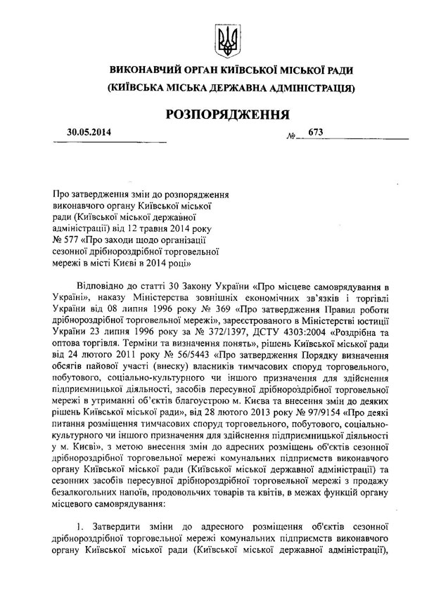 ВИКОНАВЧИЙ ОРГАН КИЇВСЬКОЇ МІСЬКОЇ РАДИ (КИЇВСЬКА МІСЬКА ДЕРЖАВНА АДМІНІСТРАЦІЯ)  РОЗПОРЯДЖЕННЯ  30.05.2014	№	673 Про затвердження змін до розпорядження виконавчого органу Київської міської ради (Київської міської державної адміністрації) від 12 травня 2014 року № 577 «Про заходи щодо організації сезонної дрібнороздрібної торговельної мережі в місті Києві в 2014 році»  Відповідно до статті ЗО Закону України «Про місцеве самоврядування в Україні», наказу Міністерства зовнішніх економічних зв’язків і торгівлі України від 08 липня 1996 року № 369 «Про затвердження Правил роботи дрібнороздрібної торговельної мережі», зареєстрованого в Міністерстві юстиції України 23 липня 1996 року за № 372/1397, ДСТУ 4303:2004 «Роздрібна та оптова торгівля. Терміни та визначення понять», рішень Київської міської ради від 24 лютого 2011 року № 56/5443 «Про затвердження Порядку визначення обсягів пайової участі (внеску) власників тимчасових споруд торговельного, побутового, соціально-культурного чи іншого призначення для здійснення підприємницької діяльності, засобів пересувної дрібнороздрібної торговельної мережі в утриманні об’єктів благоустрою м. Києва та внесення змін до деяких рішень Київської міської ради», від 28 лютого 2013 року № 97/9154 «Про деякі питання розміщення тимчасових споруд торговельного, побутового, соціально-культурного чи іншого призначення для здійснення підприємницької діяльності у м. Києві», з метою внесення змін до адресних розміщень об’єктів сезонної дрібнороздрібної торговельної мережі комунальних підприємств виконавчого органу Київської міської ради (Київської міської державної адміністрації) та сезонних засобів пересувної дрібнороздрібної торговельної мережі з продажу безалкогольних напоїв, продовольчих товарів та квітів, в межах функцій органу місцевого самоврядування:  1.	Затвердити зміни до адресного розміщення об'єктів сезонної дрібнороздрібної торговельної мережі комунальних підприємств виконавчого органу Київської міської ради (Київської міської державної адміністрації),